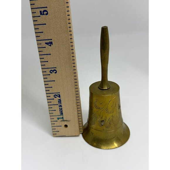 VTG Solid Brass Hand Bell 4.5" Etched Decorative Call Service Wedding Bell Retro - Picture 5 of 7